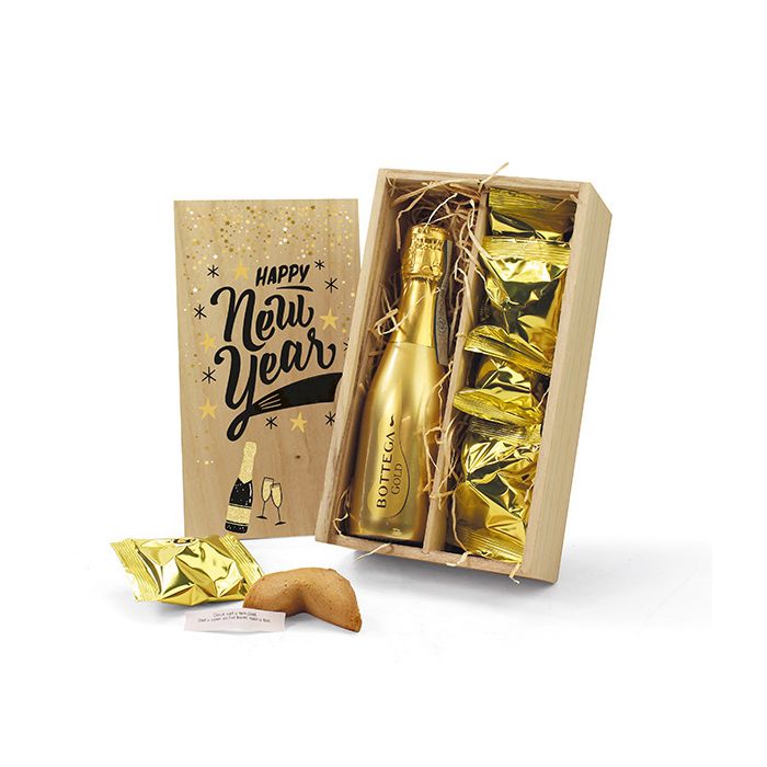 houten kistje met prosecco en fortune cookies